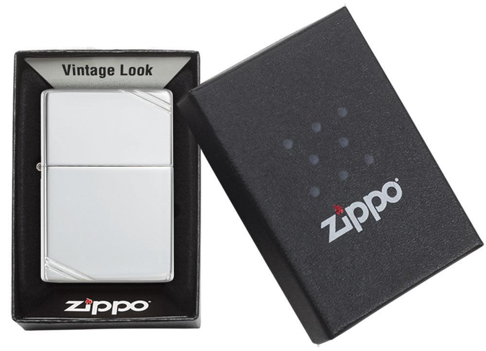 Sterling Silver Vintage with Slashes Windproof Lighter in its packaging