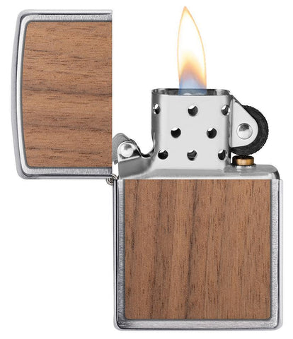 WOODCHUCK-USA-Walnut Brushed Chrome windproof lighter with its lid open and lit