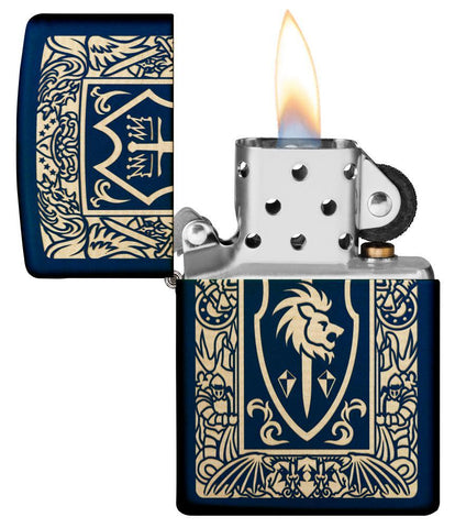 Heraldic Crest Design Windproof Lighter with its lid open and lit