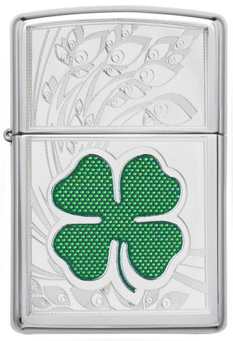 Front view of the Green & Silver Shamrock High Polish Chrome Lighter