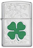 Front view of the Green & Silver Shamrock High Polish Chrome Lighter