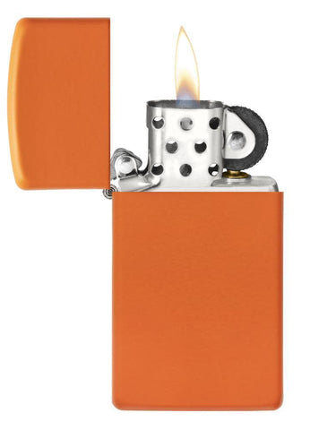 Slim® Orange Matte Windproof Lighter open and lit