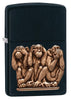 Front shot of Three Monkeys Black Matte Windproof Lighter standing at a 3/4 angle.