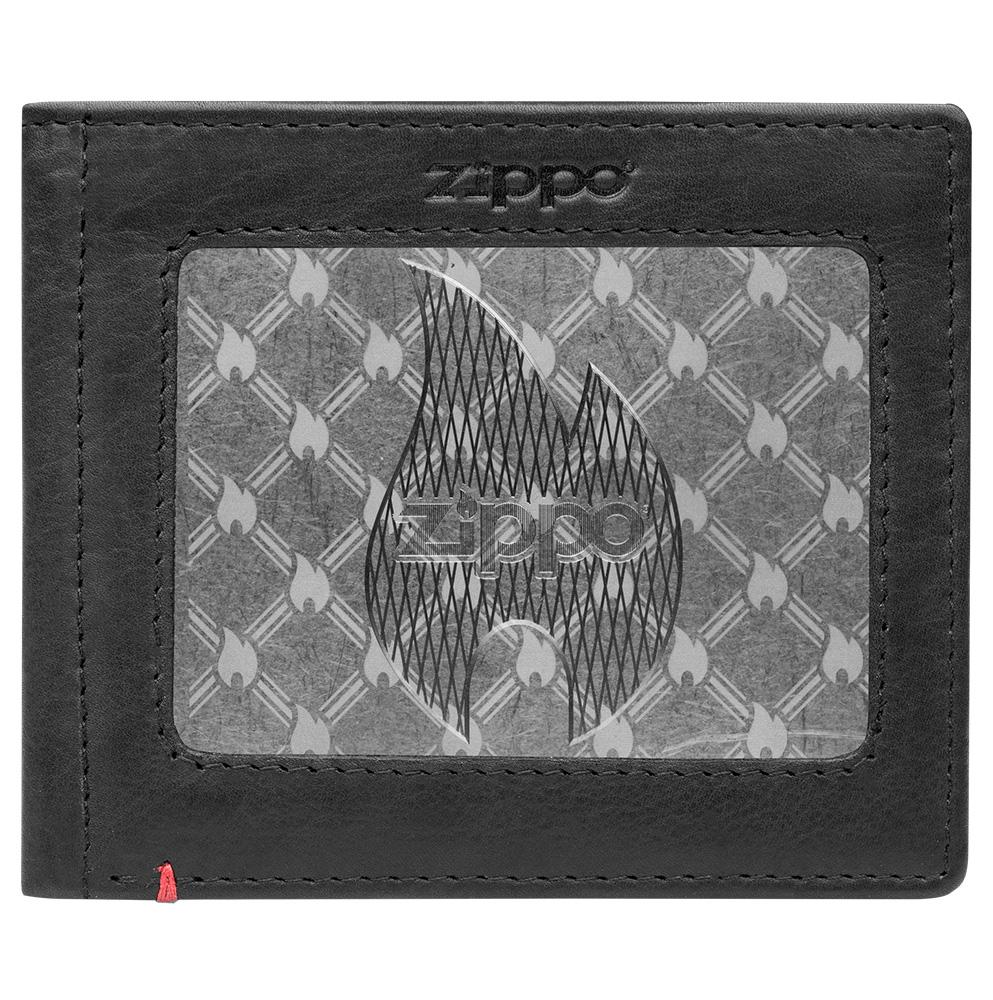 Front of black Leather Wallet With Zippo Flame Metal Plate Design - ID Window