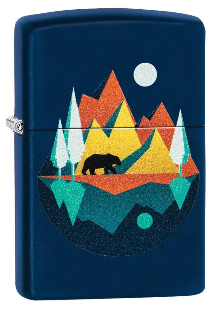 Front view of the Geometric Bear and Mountains Design Lighter shot at a 3/4 angle 