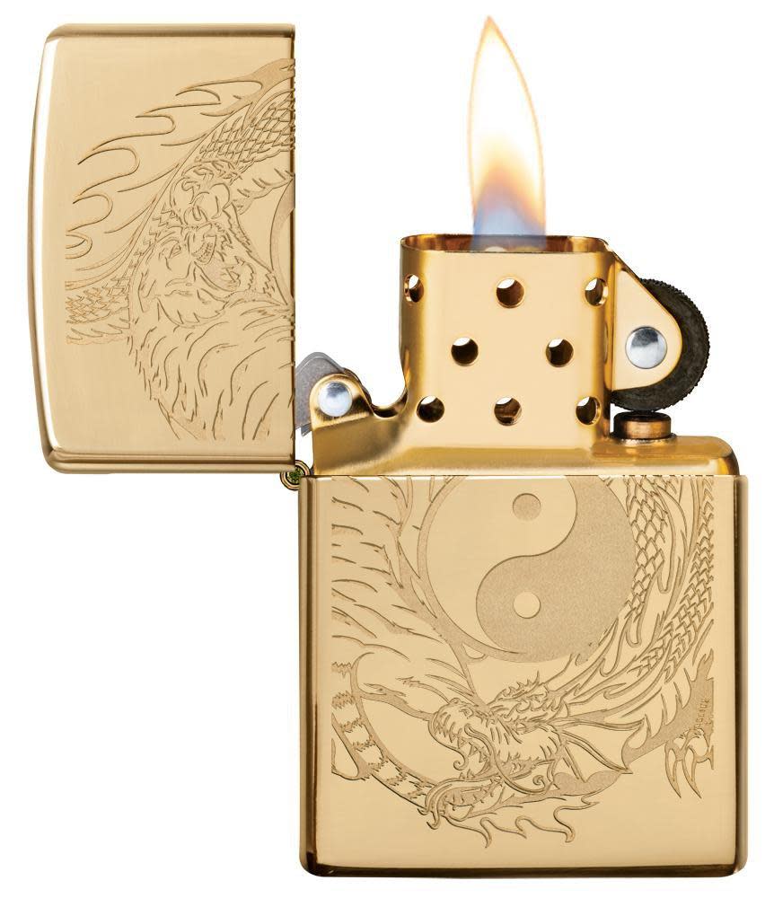 Tiger and Dragon Design with its lid open and lit