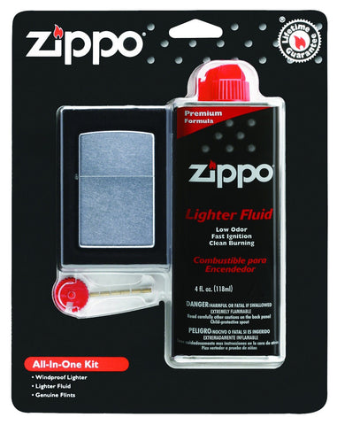 Zippo all-in-one gift set (fluid, flint, lighter) in packaging front view