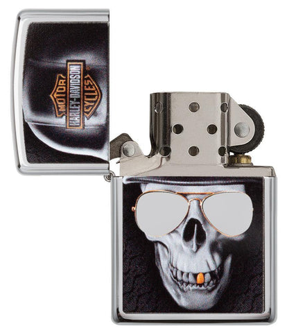 Front view of the Harley-Davidson Satin Chrome Lighter open and unlit