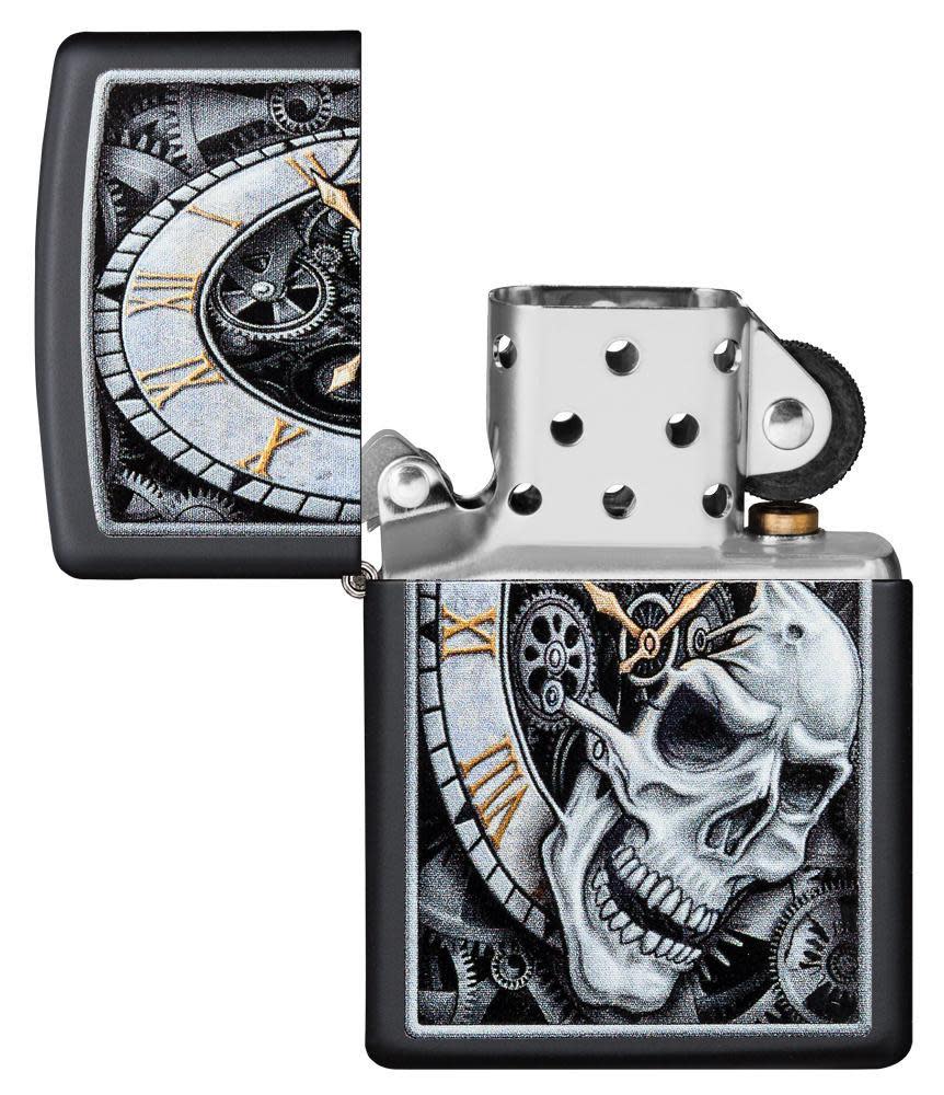Skull Clock Design Lighter with its lid open and unlit