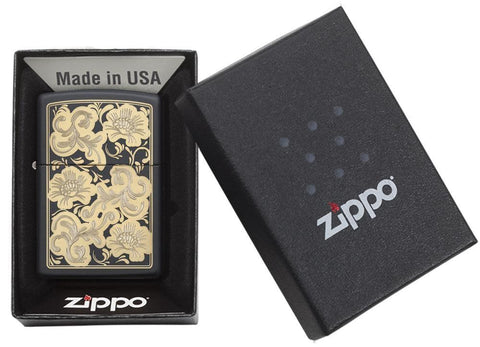 Fancy Floral Black Matte Windproof Lighter in its packaging