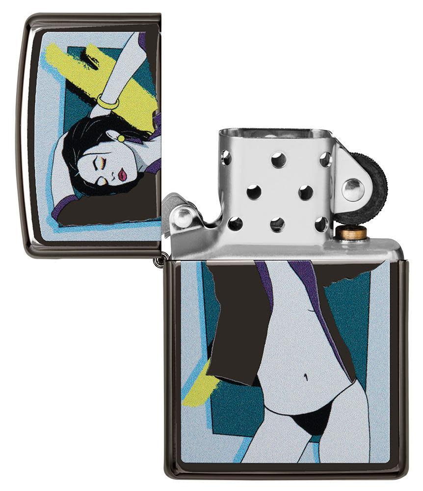 Front view of the Pop Art Women Design Lighter open and unlit
