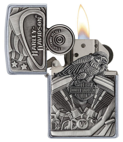 Harley-Davidson Street Chrome Windproof Lighter with its lid open and lit