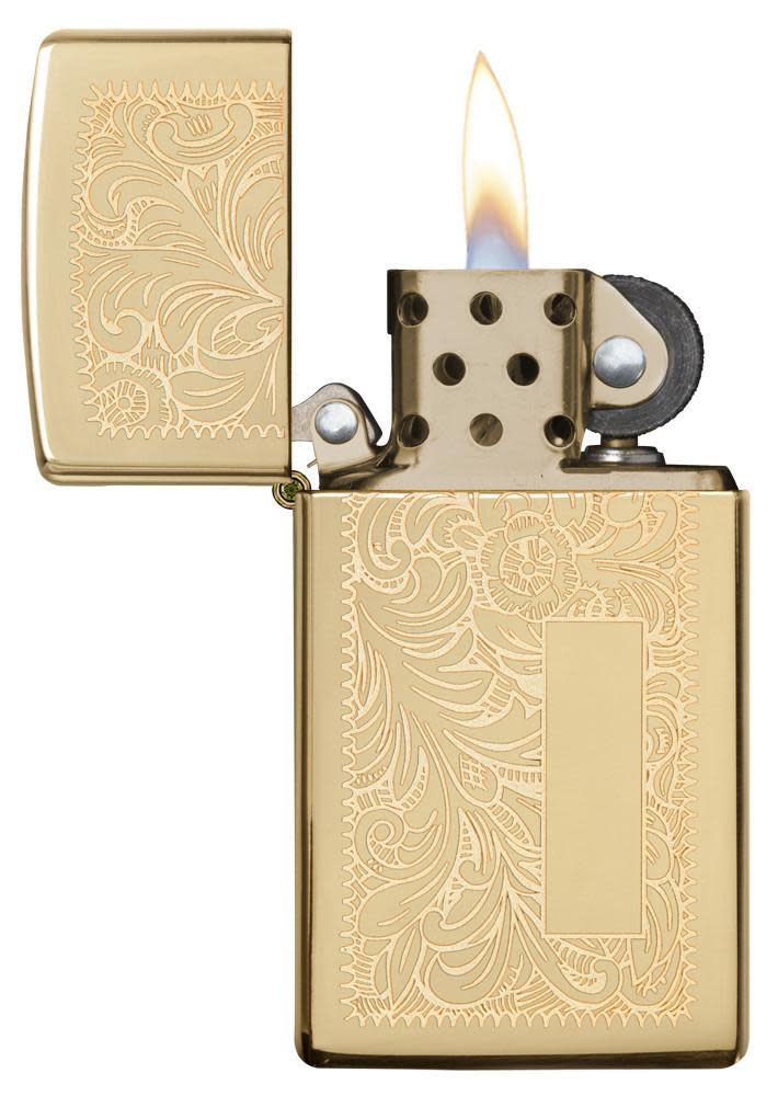 Slim High Polish Brass Venetian Windproof Lighter open and lit.