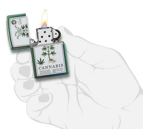 High Polish Green Cannabis Design Windproof Lighter in hand