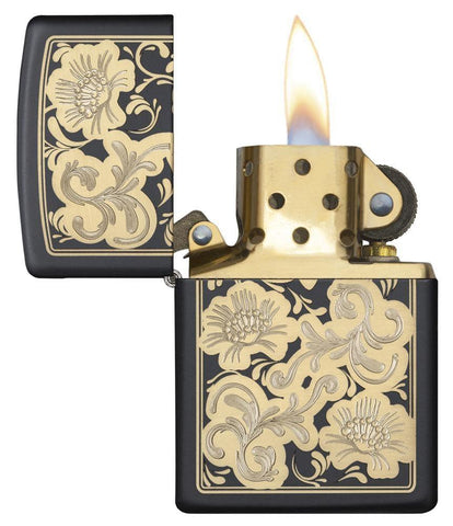  Fancy Floral Black Matte Windproof Lighter with its lid open and lit