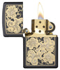  Fancy Floral Black Matte Windproof Lighter with its lid open and lit