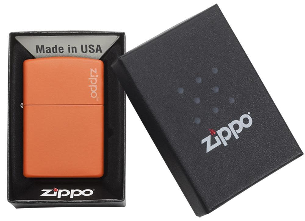 Classic Orange Matte Zippo Logo Windproof Lighter in its packaging