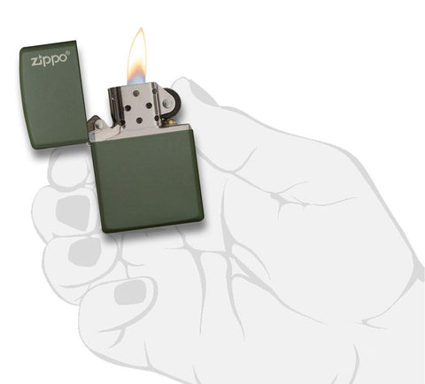 Front view of the Green Matte with Zippo Logo Lighter in hand, open and lit 