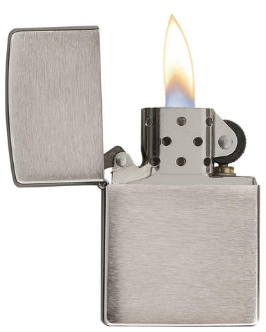 Front view of the Brushed Chrome Lighter open and lit 