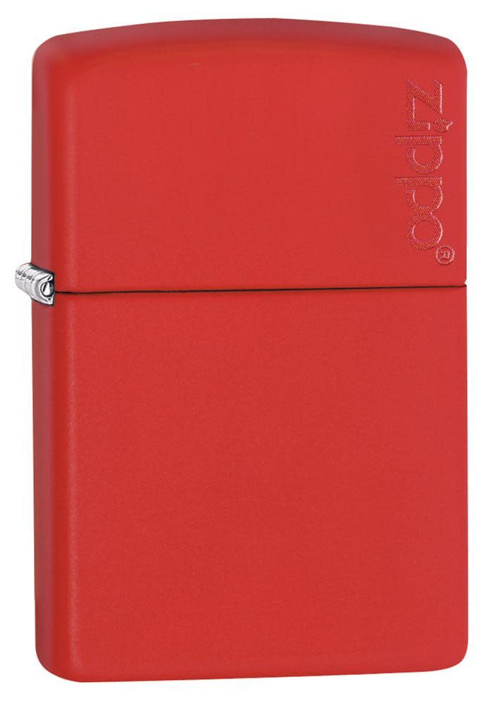 Front shot of Classic Red Matte Zippo Logo Windproof Lighter standing at a 3/4 angle.