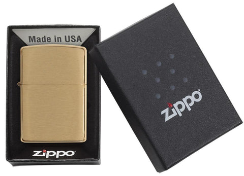 Front view of the Brushed Brass Classic Case Lighter in one box packaging