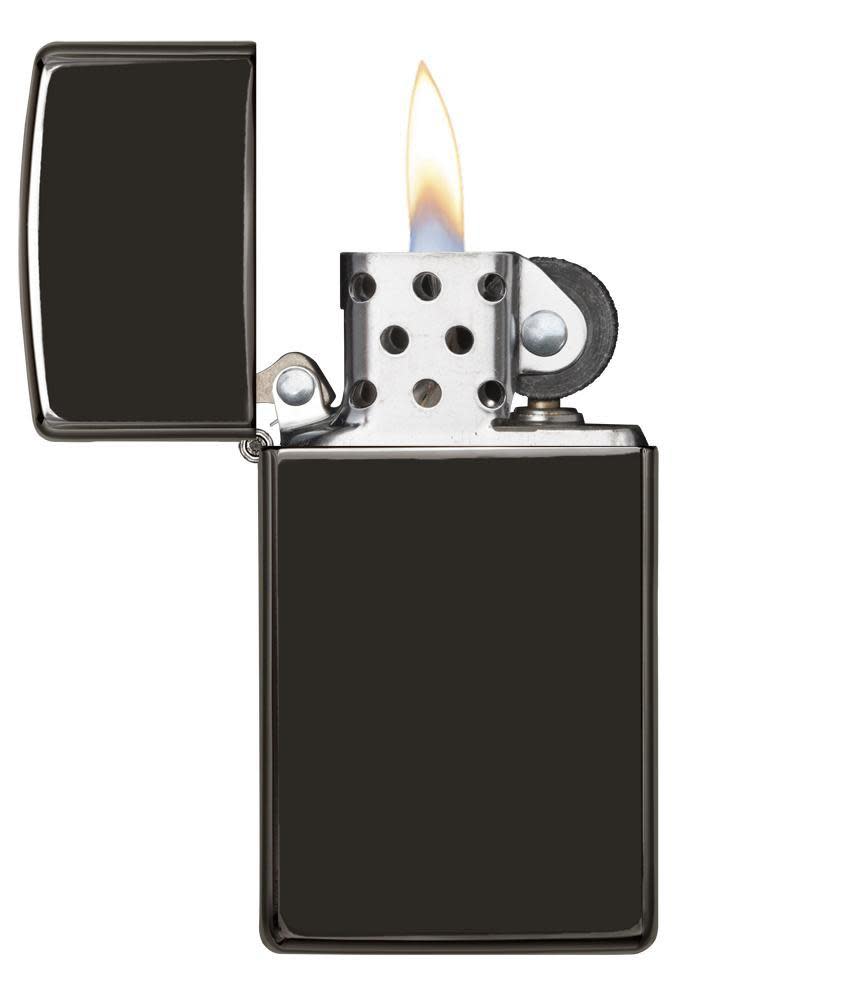 SlimÂ® High Polish Black Windproof Lighter with its lid open and lit.