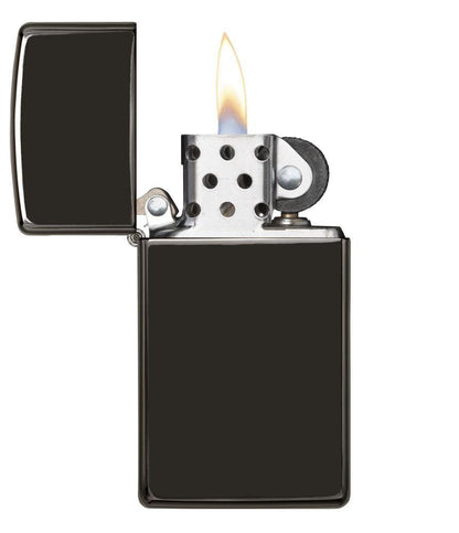 SlimÂ® High Polish Black Windproof Lighter with its lid open and lit.