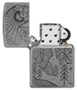 Armor® Antique Silver Mountain Design Windproof Lighter with its lid open and unlit