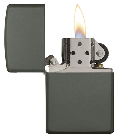 Front view of the Green Matte Classic Lighter open and lit
