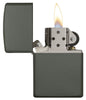 Front view of the Green Matte Classic Lighter open and lit