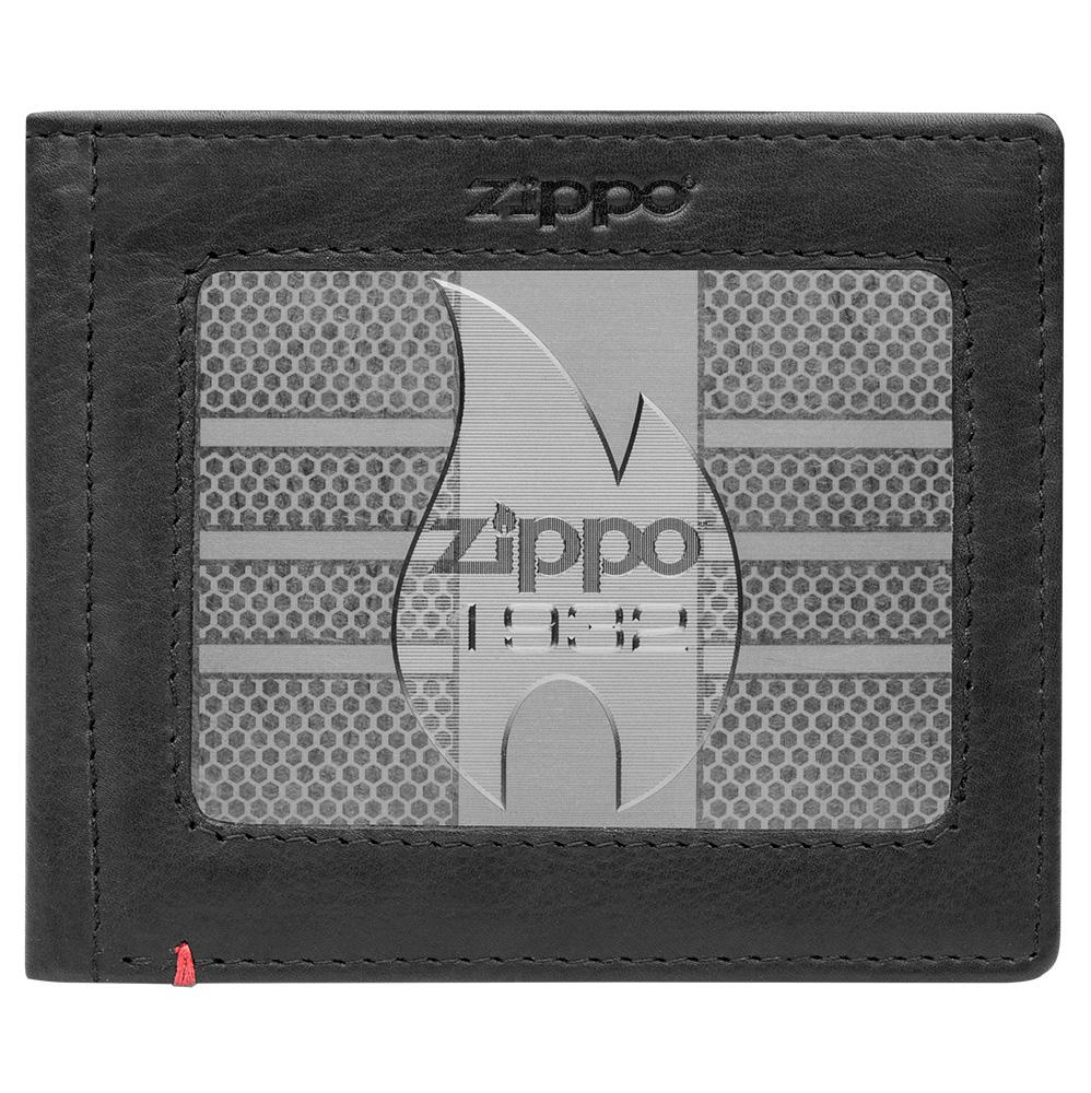 Front of black Leather Wallet With Zippo 1932 Metal Plate Design - ID Window