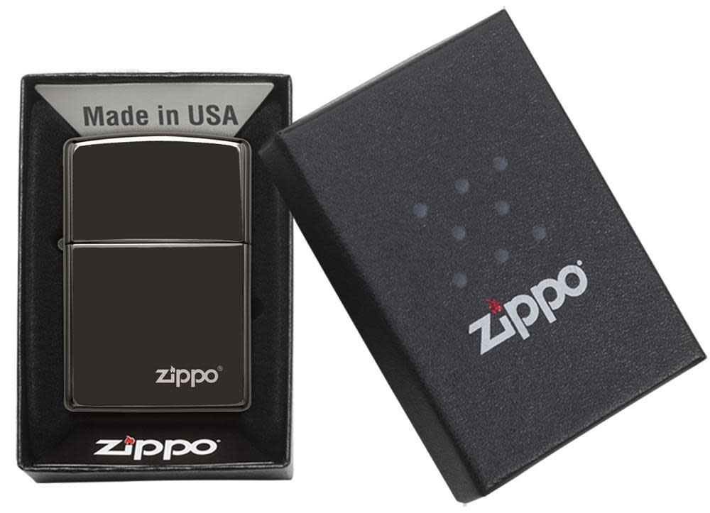 Classic High Polish Black Zippo Logo Windproof Lighter in its packaging.