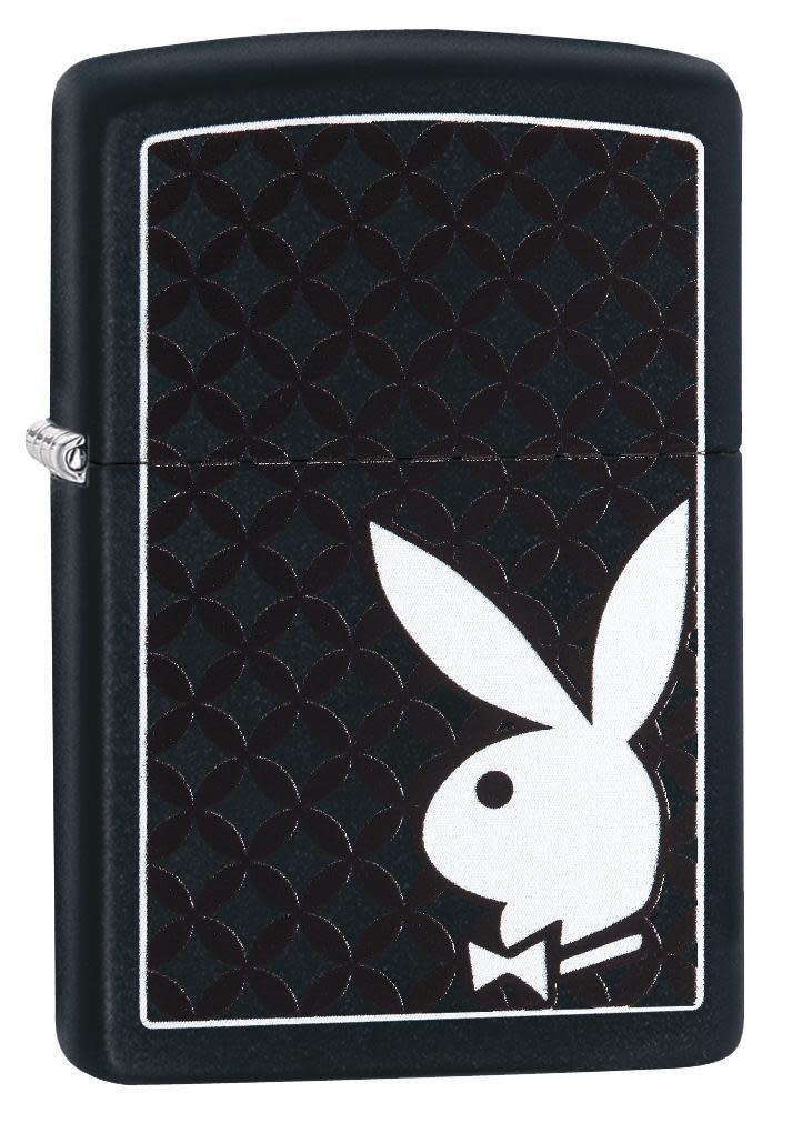 Front view of the White Playboy Bunny on Black Matte Lighter shot at a 3/4 angle