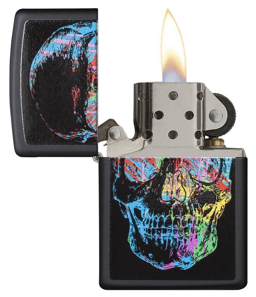 Colorful Skull Black Matte Windproof Lighter with its lid open and lit