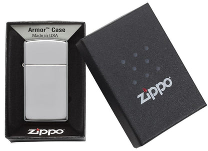 Zippo SlimÂ® Armor High Polish Chrome Lighter in its packaging.