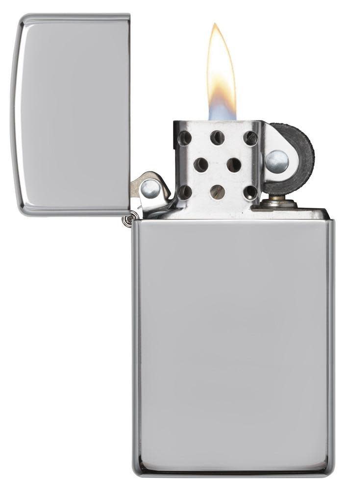 Zippo Slim® Armor High Polish Chrome Lighter with its lid open and lit