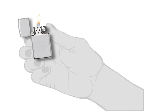 Front view of the Sterling Silver Slim Lighter, in hand, open and lit