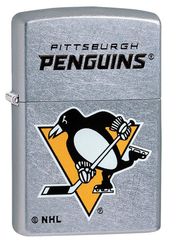 Front shot of ©NHL Pittsburgh Penguins Street Chrome™ Windproof Lighter standing at a 3/4 angle