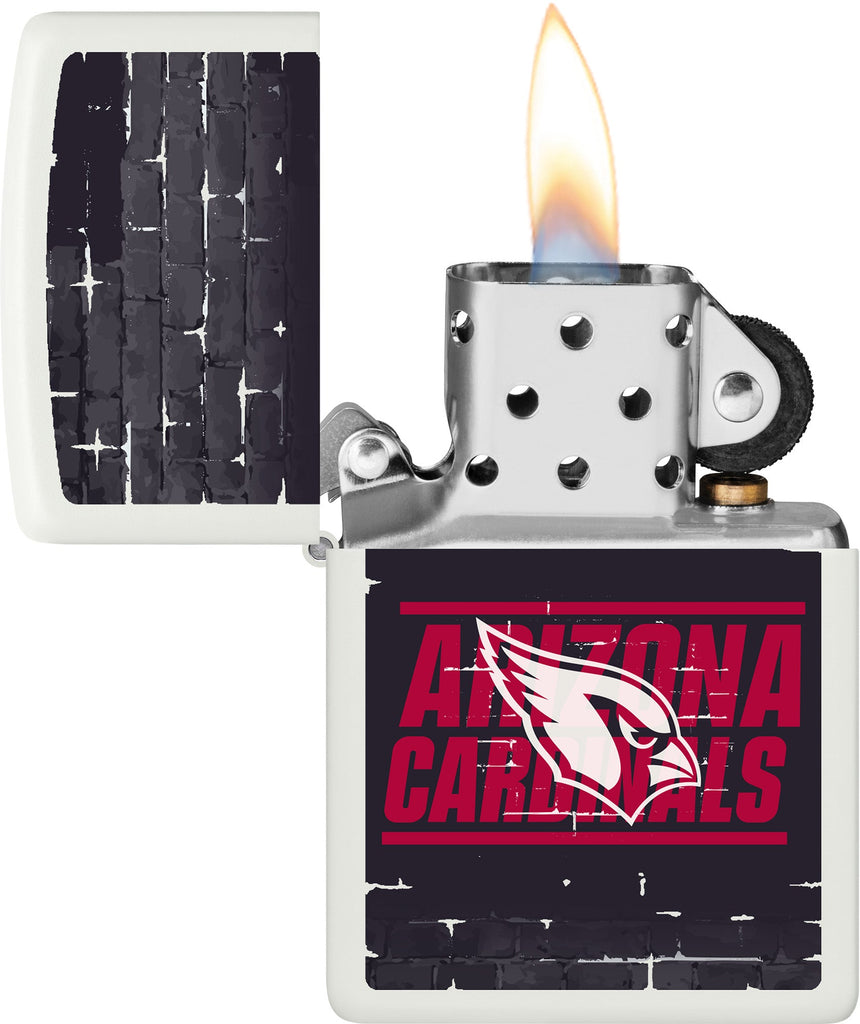 NFL Draft Arizona Cardinals Windproof Lighter with its lid open and lit.