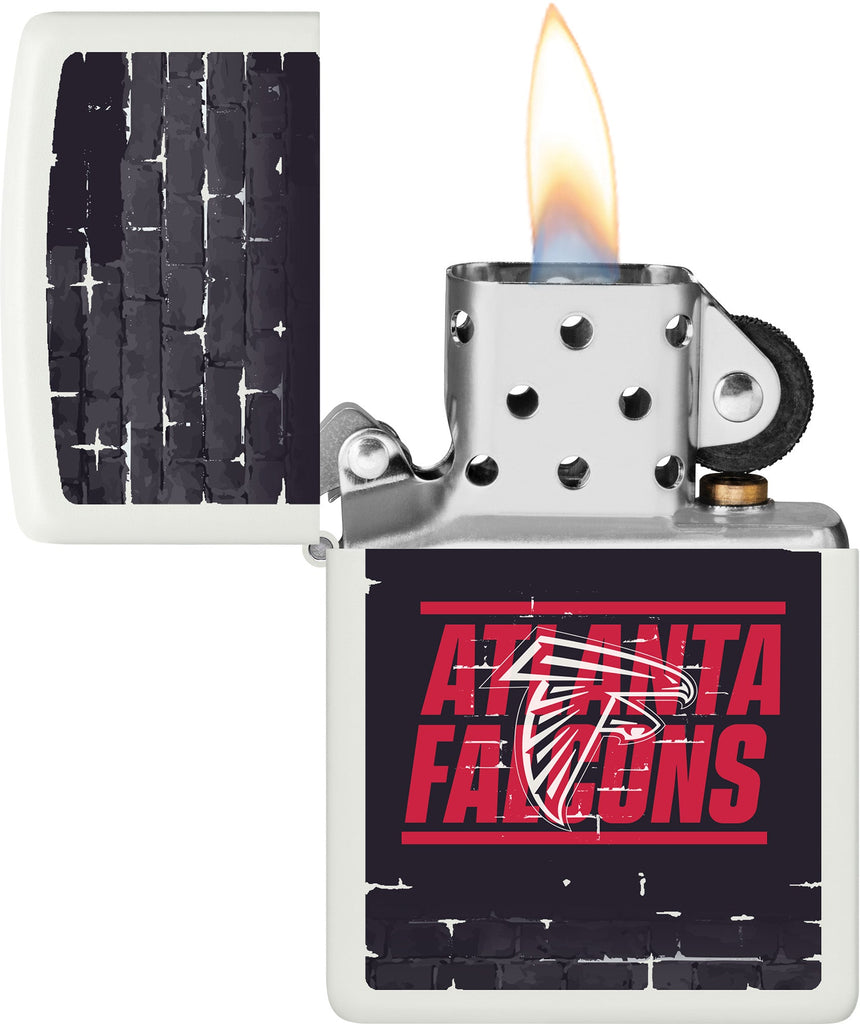 NFL Draft Atlantic Falcons Windproof Lighter with its lid open and lit.