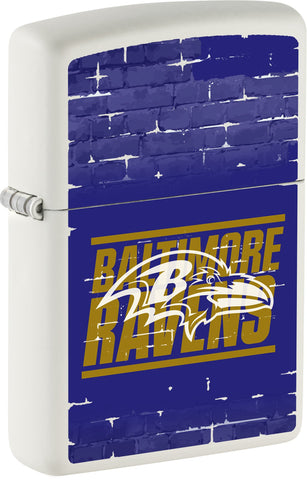 Front shot of NFL Draft Baltimore Ravens Windproof Lighter standing at a 3/4 angle.