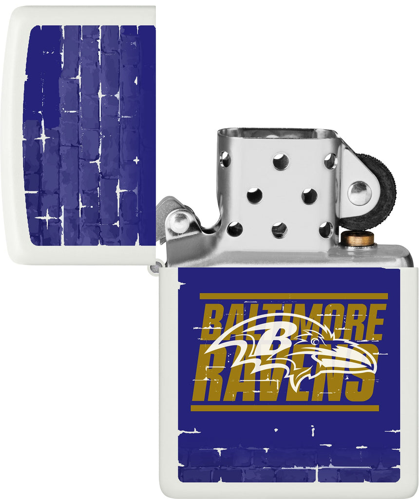 NFL Draft Baltimore Ravens Windproof Lighter with its lid open and unlit.