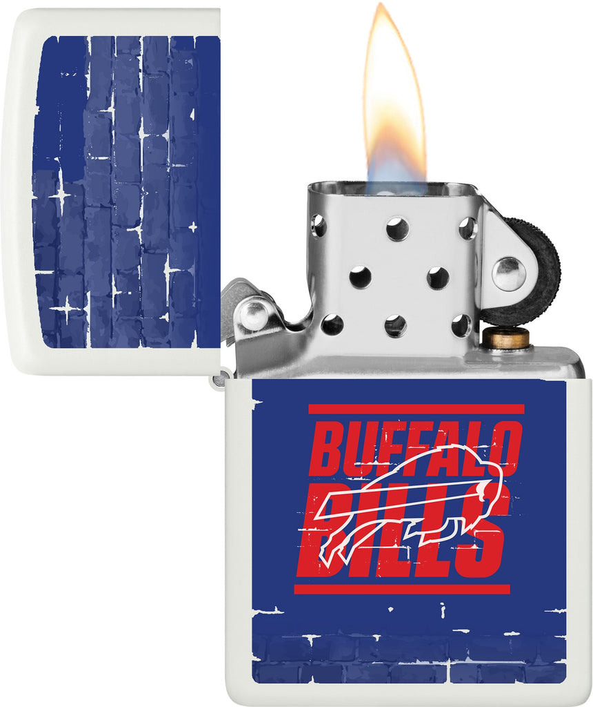 NFL Draft Buffalo Bills Windproof Lighter with its lid open and lit.