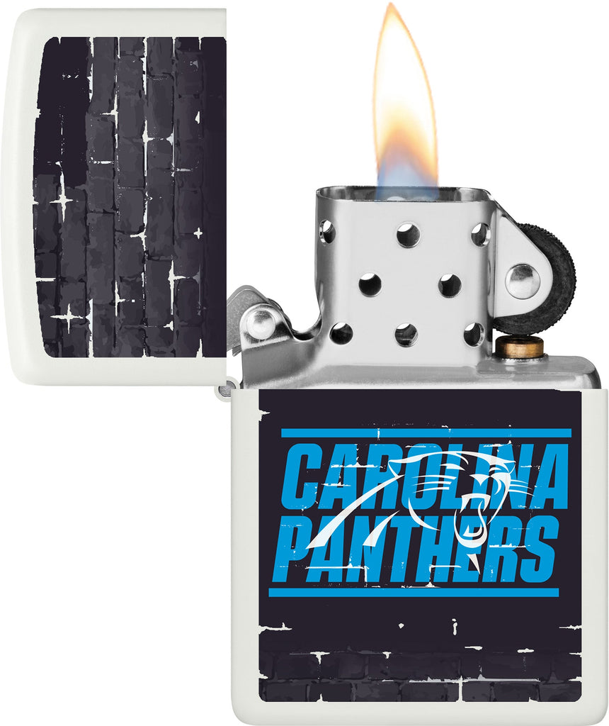 NFL Draft Carolina Panthers Windproof Lighter with its lid open and lit.