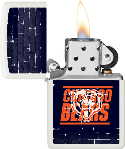 NFL Draft Chicago Bears Windproof Lighter with its lid open and lit.