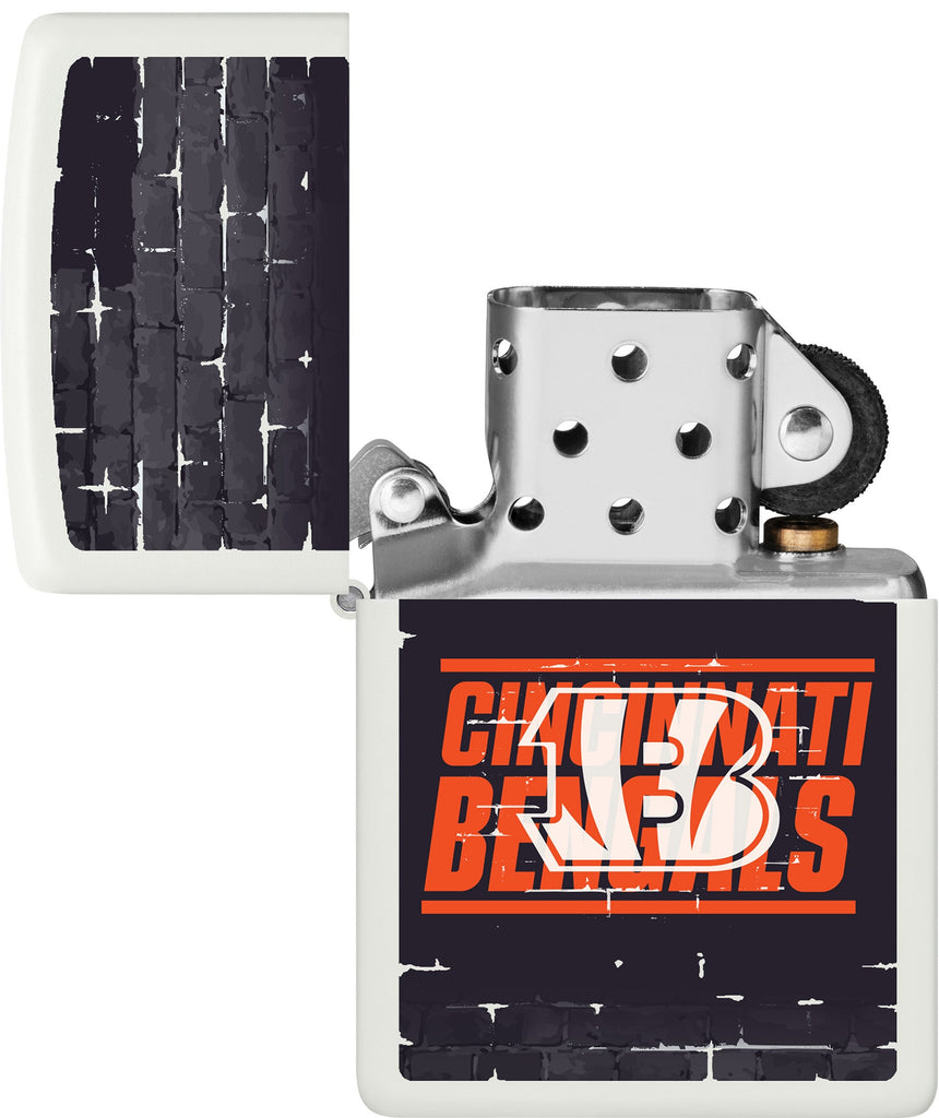 NFL Draft Cincinnati Bengals Windproof Lighter with its lid open and unlit.
