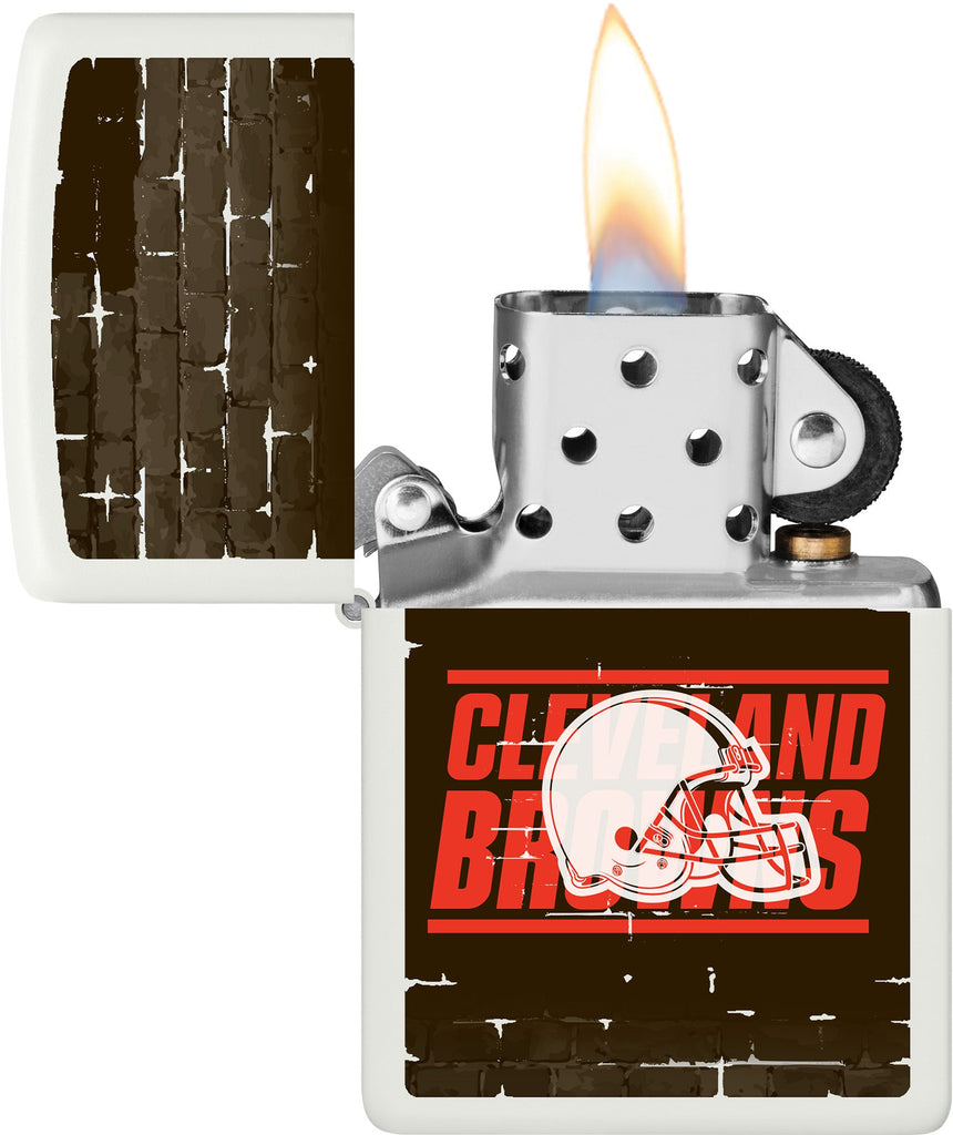 NFL Draft Cleveland Browns Windproof Lighter with its lid open and lit.