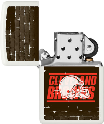 NFL Draft Cleveland Browns Windproof Lighter with its lid open and unlit.