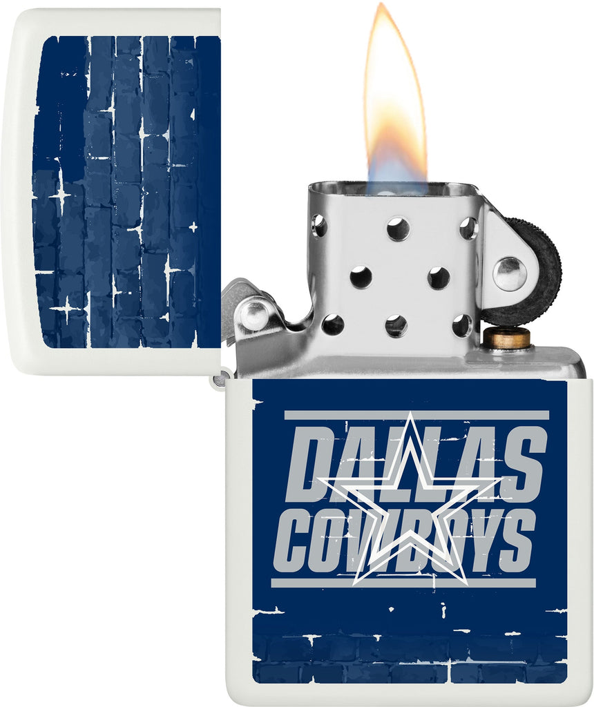 NFL Draft Dallas Cowboys Windproof Lighter with its lid open and lit.