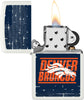 NFL Draft Denver Broncos Windproof Lighter with its lid open and lit.